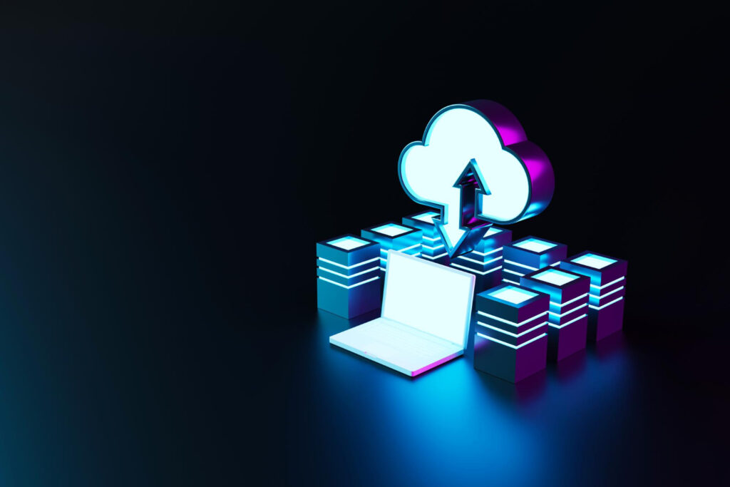 3D illustration of cloud migration concept with neon laptop, cloud icon, and data servers in dark mode with blue and purple lighting.