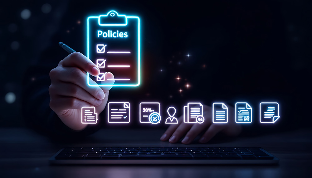 Policy documentation compliance concept with digital interface