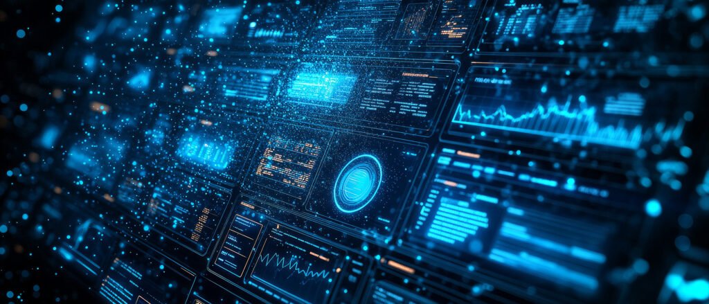 Futuristic AI-generated interface with digital dashboards, data analytics charts, and glowing blue network visuals representing ChatGPT’s role in data governance and compliance automation.