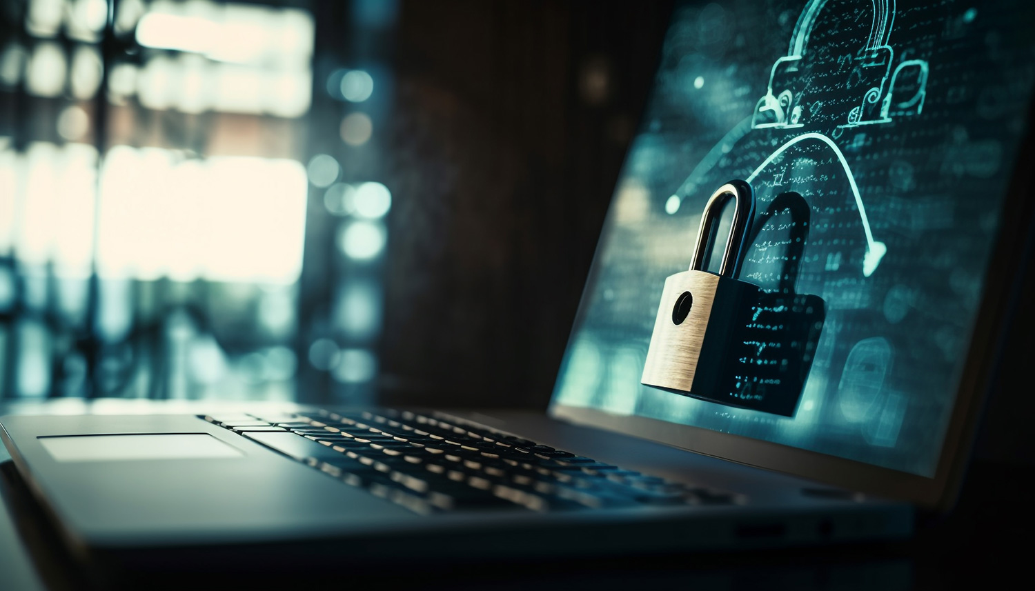 Laptop screen showing a digital padlock, representing firewall services and cybersecurity protection in Singapore.