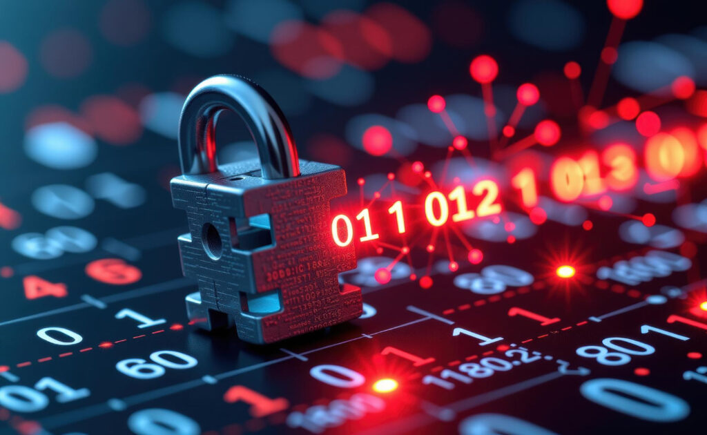 Digital padlock securing binary code stream with glowing red data points, symbolizing 24/7 threat detection and enterprise cybersecurity protection.