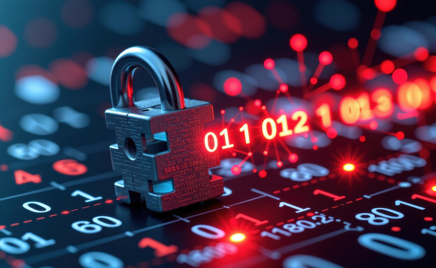 Digital padlock securing binary code stream with glowing red data points, symbolizing 24/7 threat detection and enterprise cybersecurity protection.