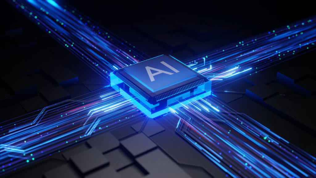 Futuristic AI microchip glowing with blue digital circuits, symbolizing artificial intelligence integration and high-speed data processing.