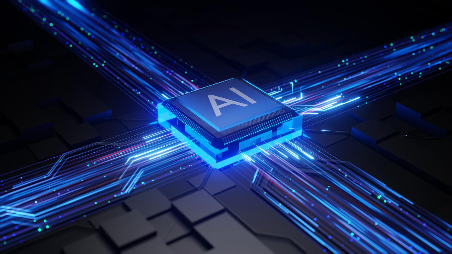 Futuristic AI microchip glowing with blue digital circuits, symbolizing artificial intelligence integration and high-speed data processing.
