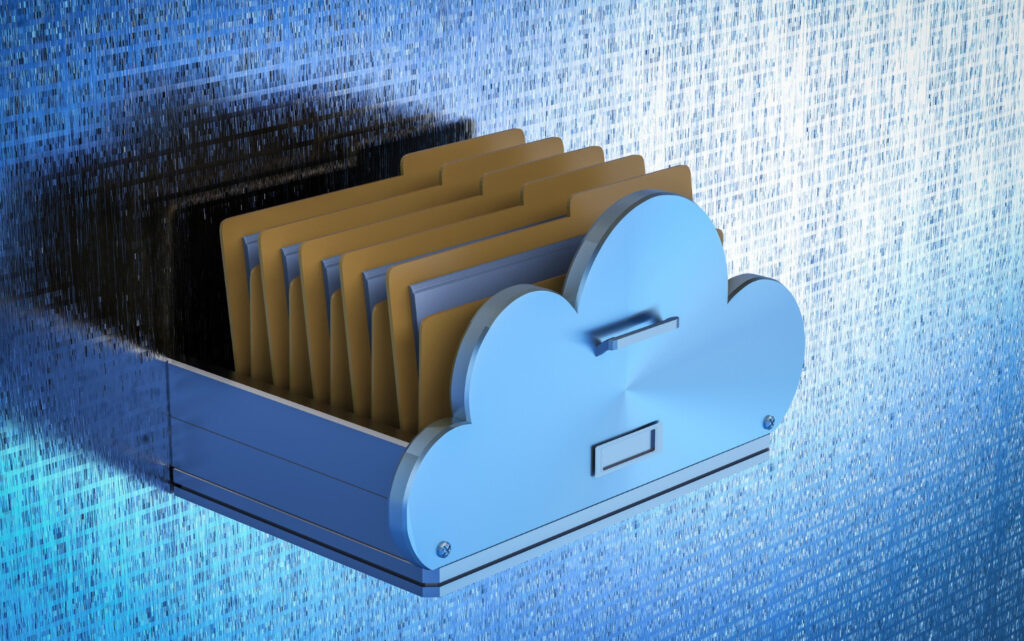 3D illustration of cloud storage shaped like a filing cabinet with folders inside, symbolizing cloud databases and data integration.