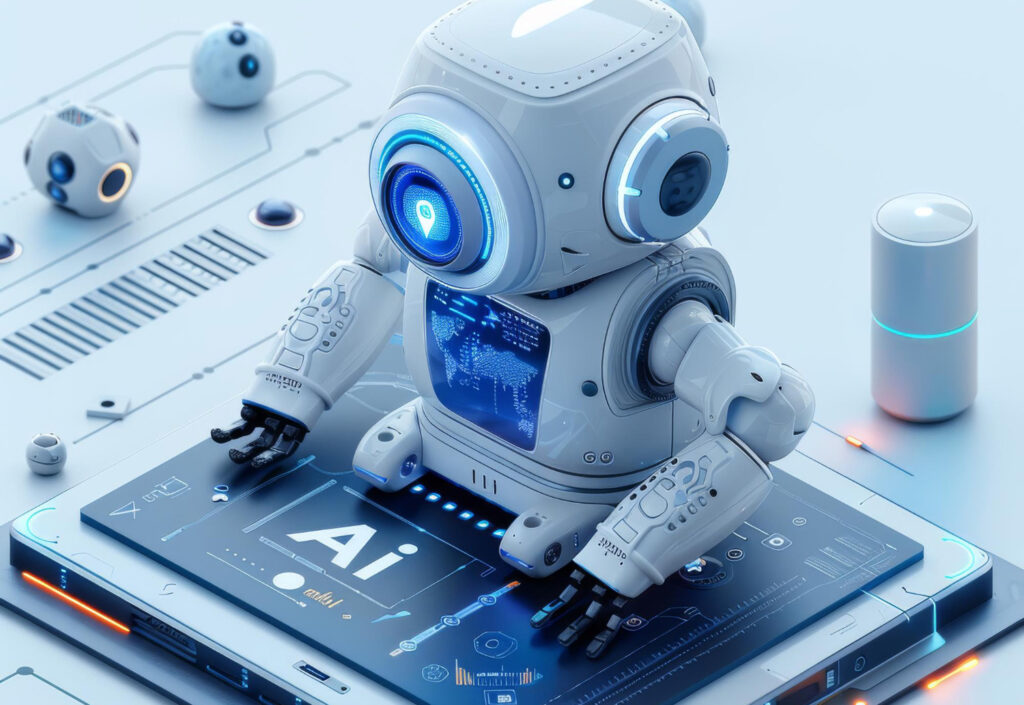 Futuristic AI robot sitting on a digital tablet displaying "AI" with glowing holographic interface, surrounded by circuits and high-tech components.