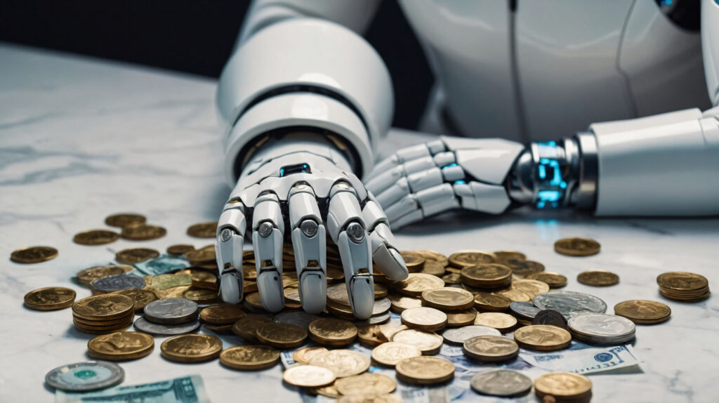 A robotic hand sorting and holding coins and banknotes, symbolizing the financial impact and efficiency gains of artificial intelligence in enterprise operations.