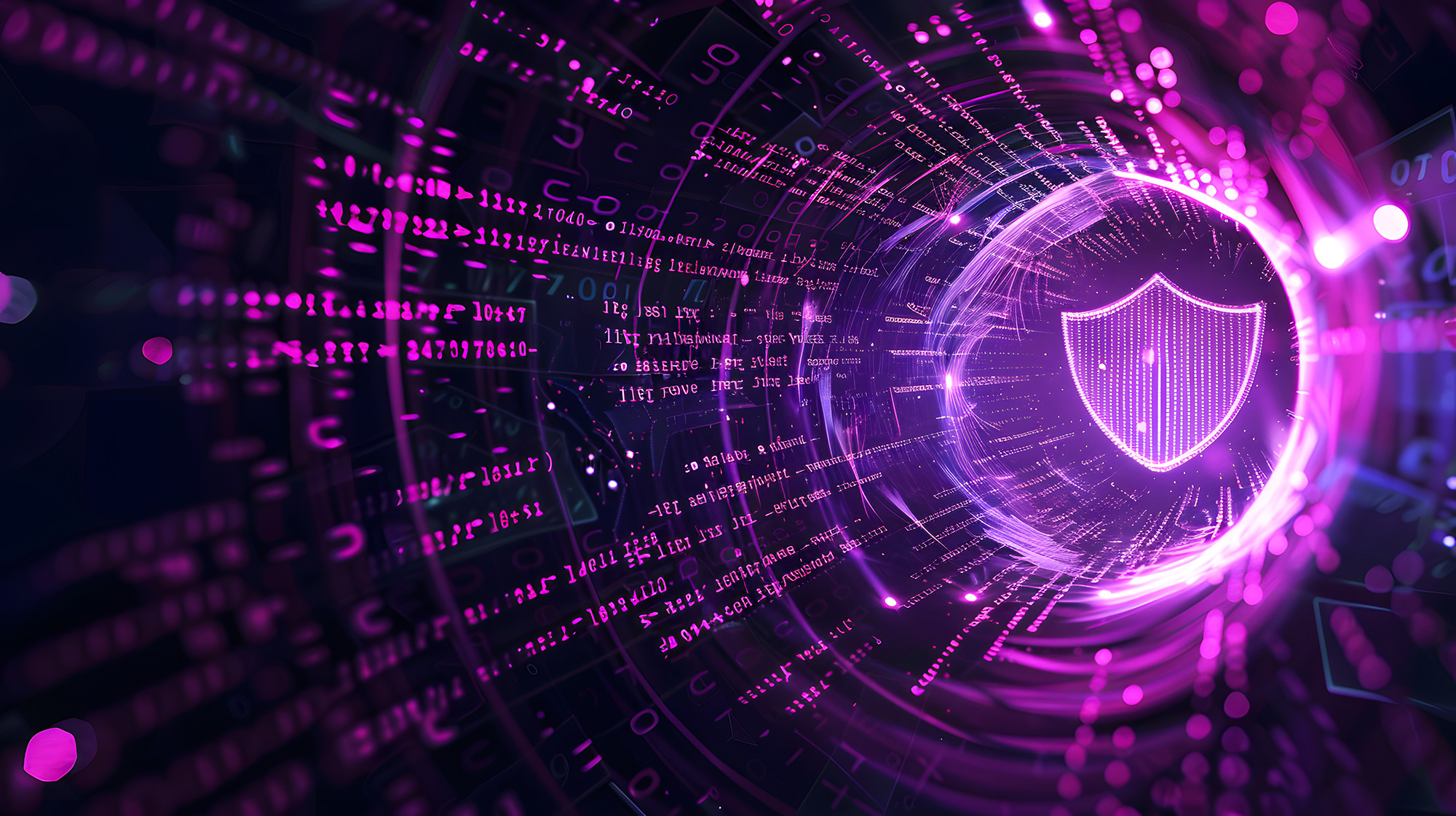 Futuristic digital shield glowing in purple with binary code and data streams, symbolizing advanced mobile security and cybersecurity protection in 2025.