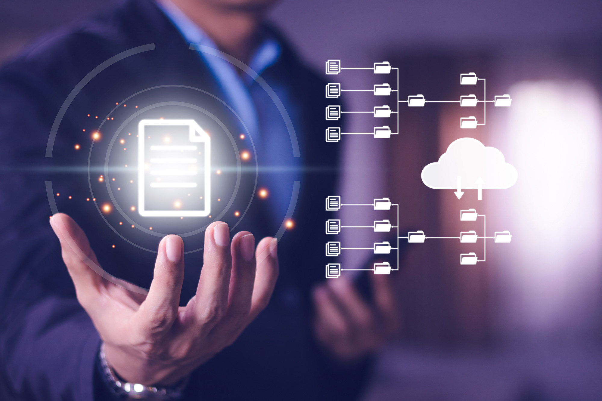 Business professional holding a digital document icon with connected folders and cloud storage, symbolizing ChatGPT data migration planning.