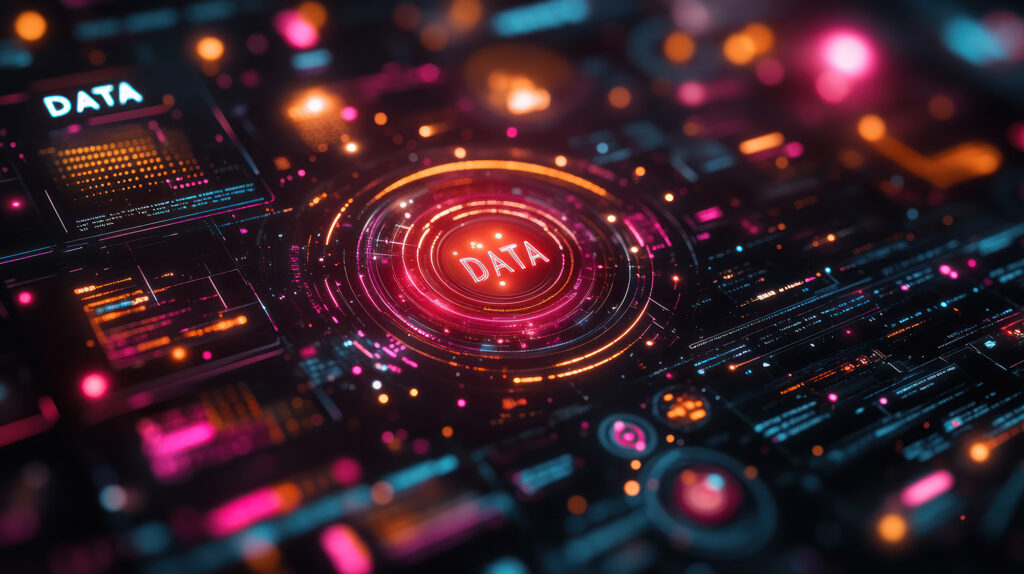 Futuristic digital interface with glowing circuits and central data hub, symbolizing enterprise API integration and advanced data connectivity.
