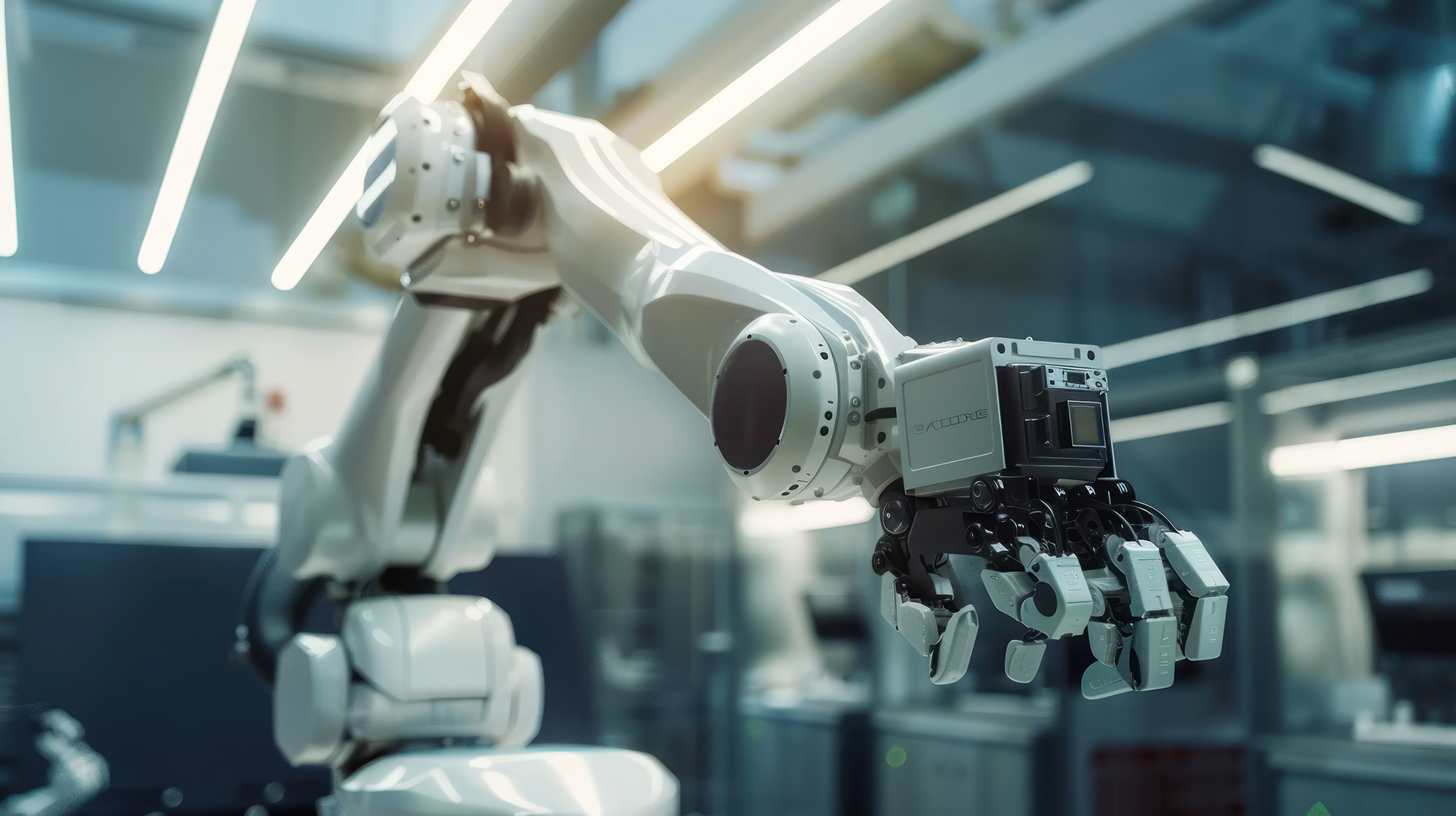 Close-up of a robotic arm with articulated fingers operating inside a modern smart factory, representing agentic AI in manufacturing automation.