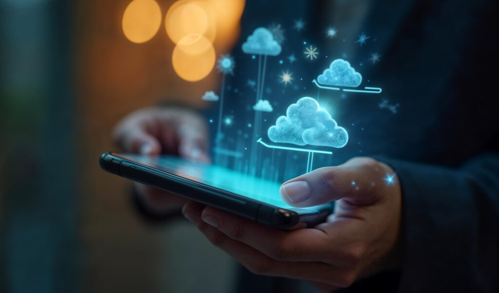 Transform faster with AWS cloud services – man holding phone with cloud illustration.