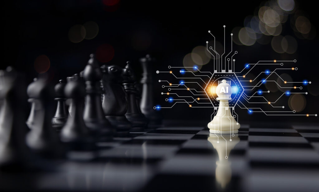 White chess piece illuminated with AI circuitry on a chessboard, symbolising enterprise AI strategy and competitive advantage