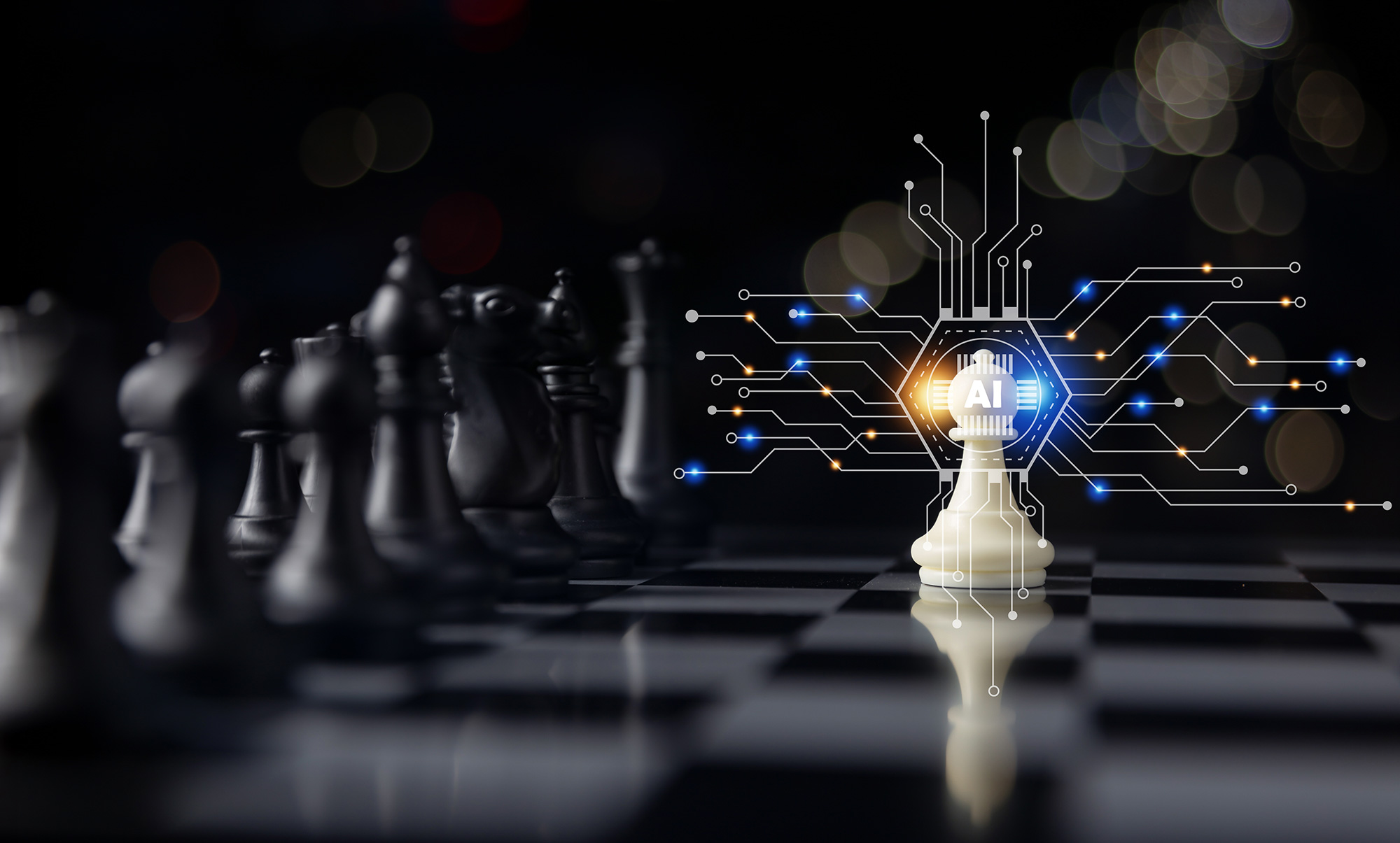 White chess piece illuminated with AI circuitry on a chessboard, symbolising enterprise AI strategy and competitive advantage