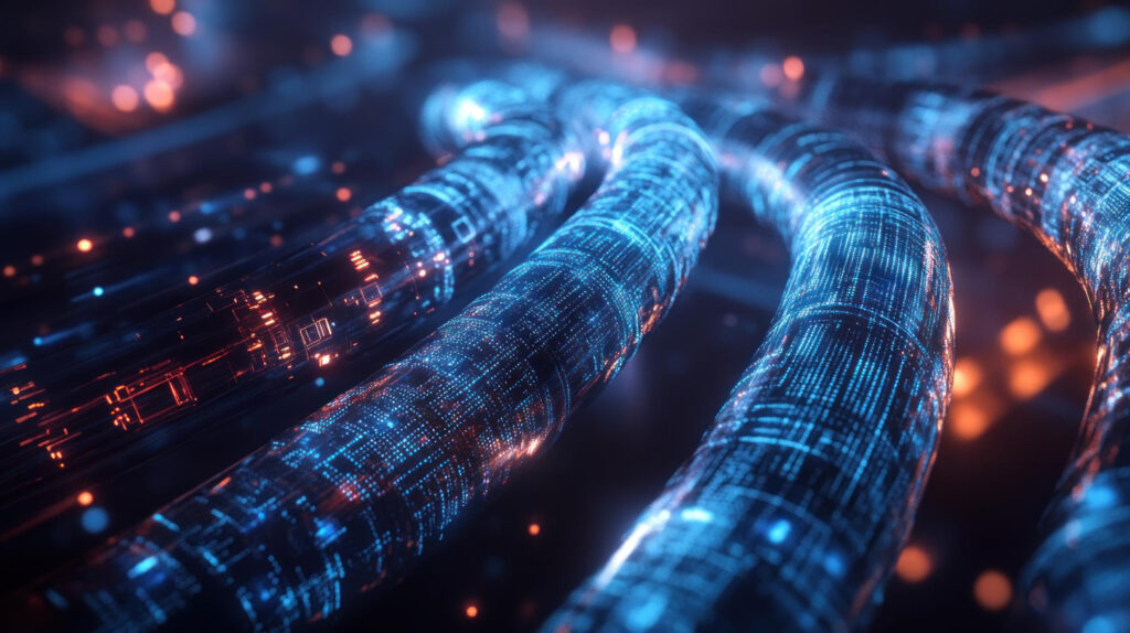A close-up digital illustration of glowing data pipelines carrying streams of blue and orange information, symbolising modern ETL and ELT data flows in cloud architecture.