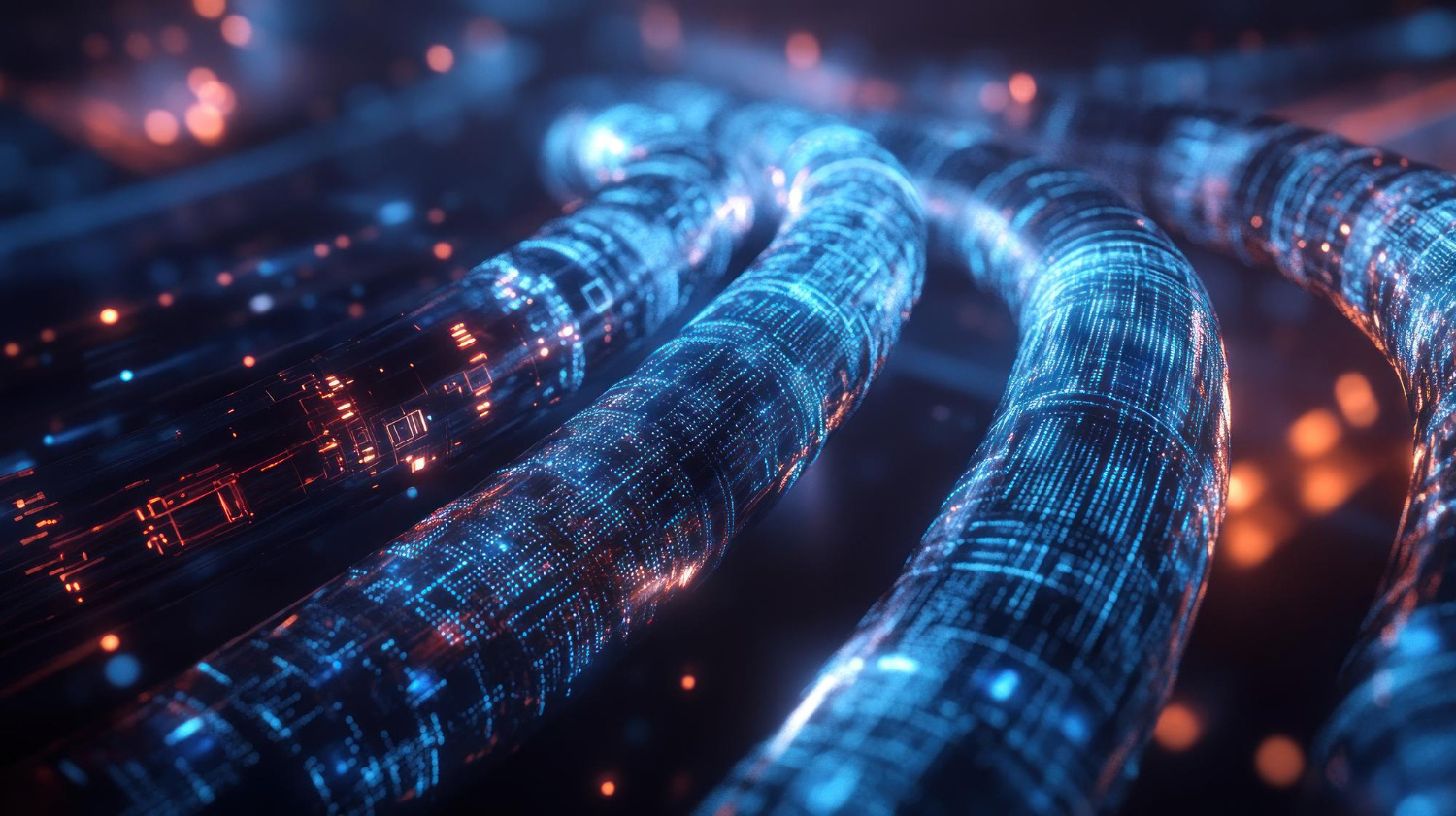 A close-up digital illustration of glowing data pipelines carrying streams of blue and orange information, symbolising modern ETL and ELT data flows in cloud architecture.