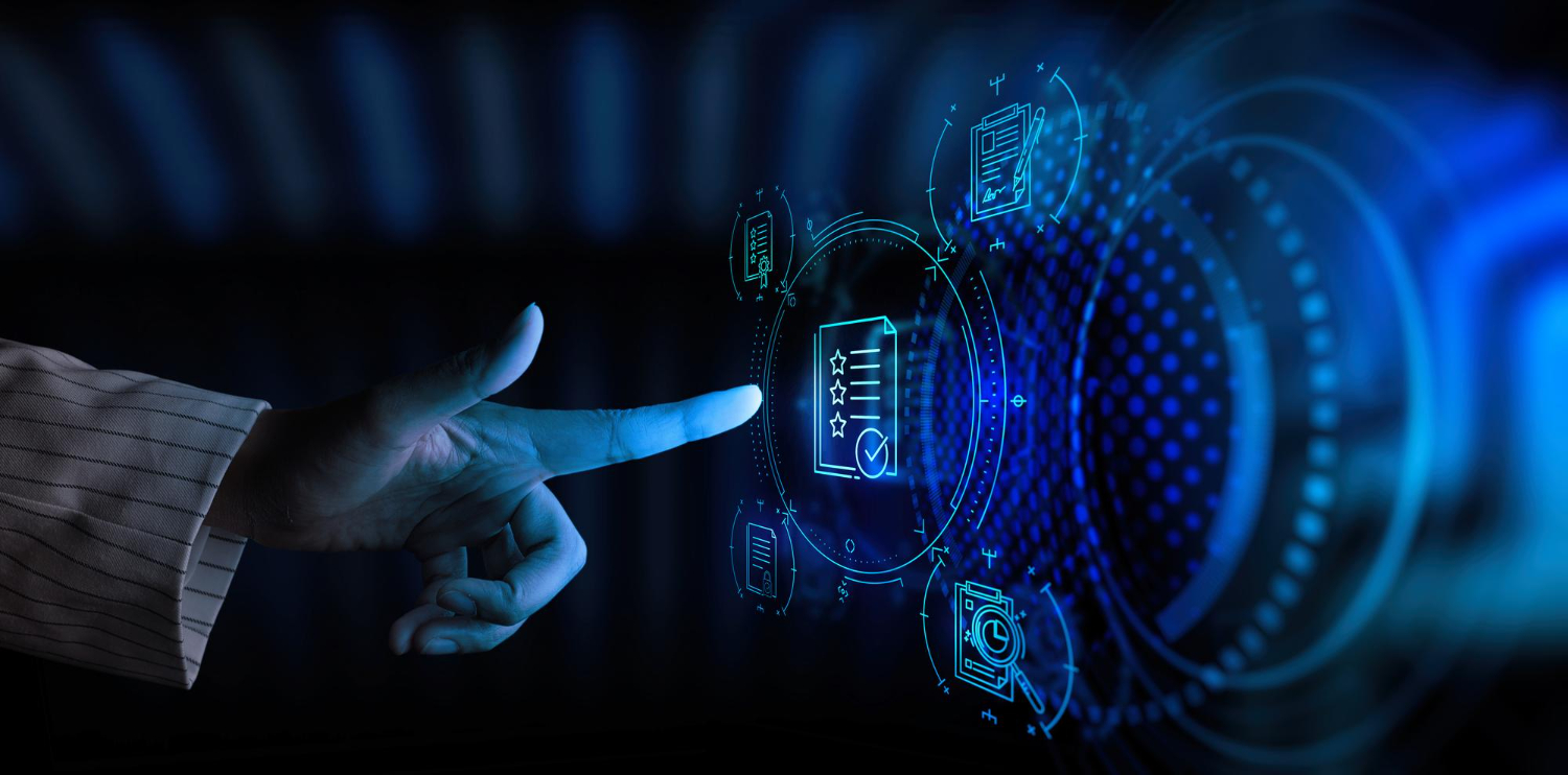 Hand interacting with digital interface displaying data integrity checks and system validation icons.