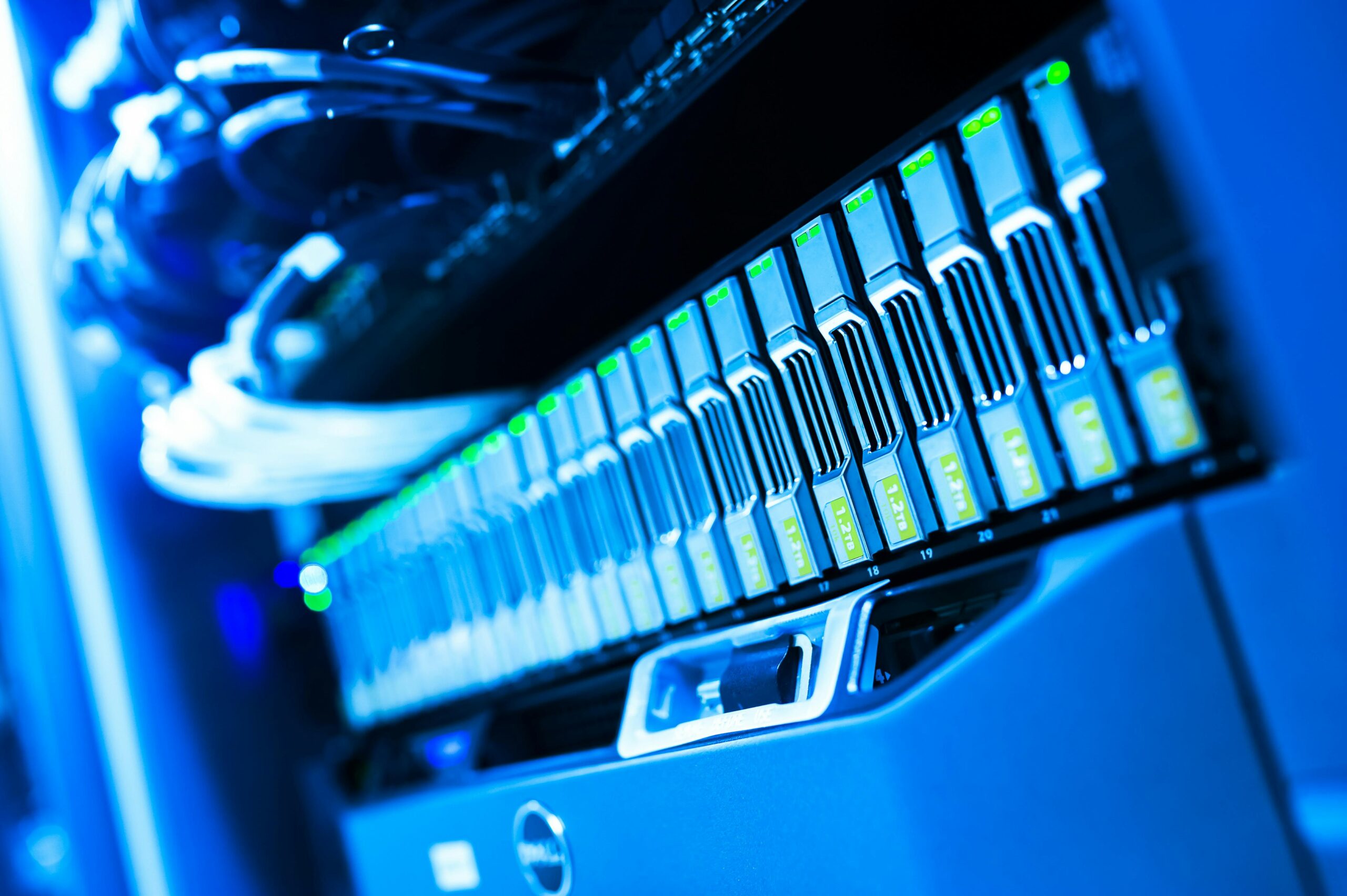 Blue-lit enterprise data center server rack representing modern data security infrastructure