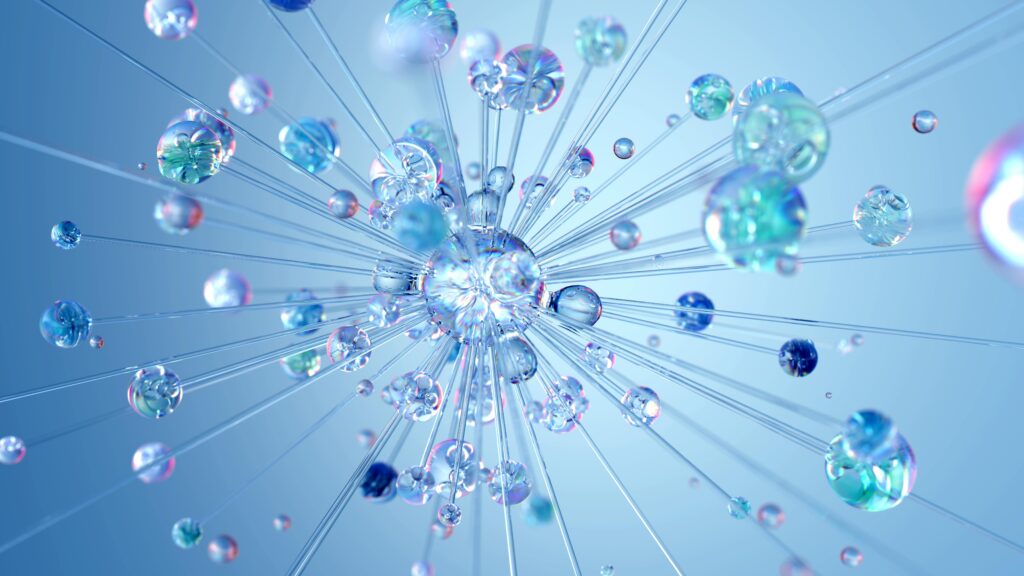 Abstract visualization of autonomous software agents coordinating across a SaaS workflow, on a dark background with cyan accents