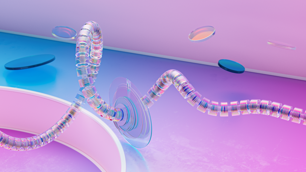 Abstract illustration of data flowing through a glass conduit, representing AWS funding for AI pilots