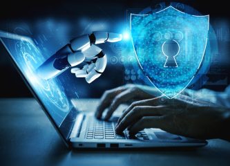 AI-powered cybersecurity concept showing robotic hand emerging from laptop screen toward a digital shield with a keyhole, symbolizing data protection and enterprise security.