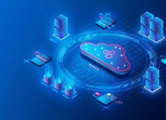 3D illustration cloud 3D illustration of a digital cloud surrounded by connected data blocks, servers, and user interfaces representing serverless architecture and cloud computing infrastructure.