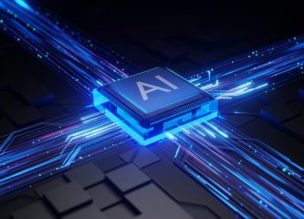 Futuristic AI microchip glowing with blue digital circuits, symbolizing artificial intelligence integration and high-speed data processing.