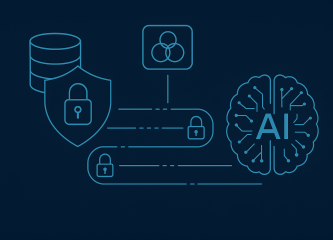 AI model diagram showing secure data pipelines and privacy layers