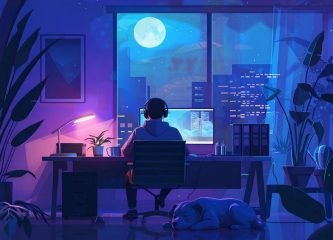 Vibe Coding_webpuppies Developer working late at night, coding with AI assistance, surrounded by plants and city lights