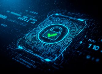 Digital lock icon overlaid on a smartphone circuit board, symbolizing mobile and web security protection in a high-tech environment.