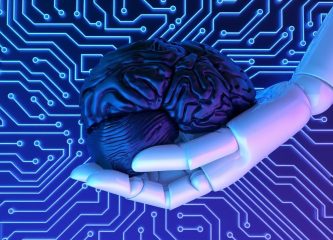 Your brain with AI A robotic hand gently holding a human brain against a digital circuit background, symbolizing the intersection of artificial intelligence and human cognition.