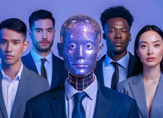 A humanoid robot with a glowing digital head stands in the center of four diverse business professionals in suits