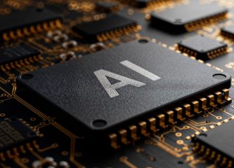 AI chip close-up Close-up of a computer chip labeled "AI" on a circuit board, symbolizing artificial intelligence integration in hardware and enterprise systems