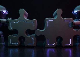 Two futuristic AI robots push glowing puzzle pieces together, symbolizing collaboration between AI consulting and AI services.