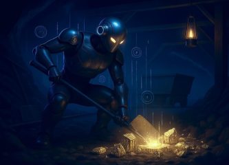 AI robot shoveling glowing gold blocks in a dark, blue-purple-lit underground mine, with digital interface elements hovering in the air — symbolizing the AI gold rush