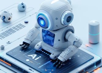 Futuristic AI robot sitting on a digital tablet displaying "AI" with glowing holographic interface, surrounded by circuits and high-tech components.