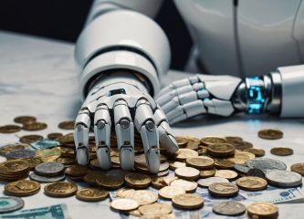 ai taxbot A robotic hand sorting and holding coins and banknotes, symbolizing the financial impact and efficiency gains of artificial intelligence in enterprise operations.