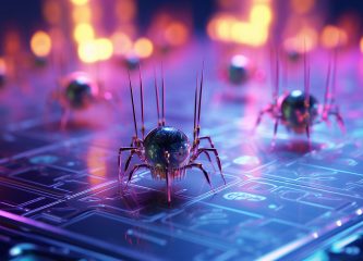 Digital nanobots crawling across a stylized website interface