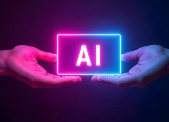 Two hands exchanging a glowing neon AI sign in pink and cyan colors, symbolizing the choice between building or buying AI tools