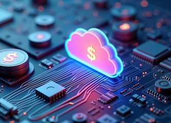 A glowing neon cloud with a dollar symbol sits atop a futuristic circuit board, representing financial control in cloud infrastructure