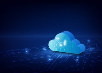 Digital cloud icon glowing with circuit connections on a dark blue background, symbolizing cloud computing infrastructure and data flow.