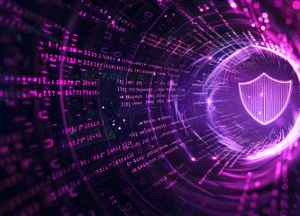 Futuristic digital shield glowing in purple with binary code and data streams, symbolizing advanced mobile security and cybersecurity protection in 2025.