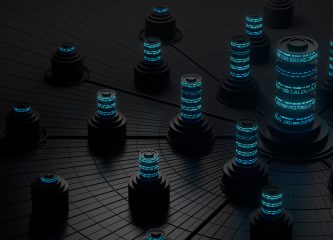 Illustration of interconnected data towers or server stacks emitting blue digital code, representing centralized data architecture and networked enterprise systems.