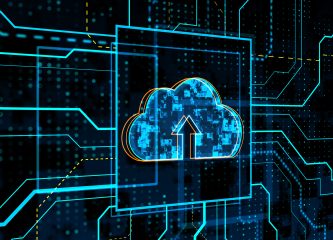 Glowing circuit cloud computing Digital cloud icon with an upward arrow, representing cloud integration and data flow within a connected system architecture.
