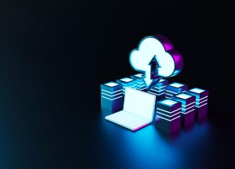 3D illustration of cloud migration concept with neon laptop, cloud icon, and data servers in dark mode with blue and purple lighting.