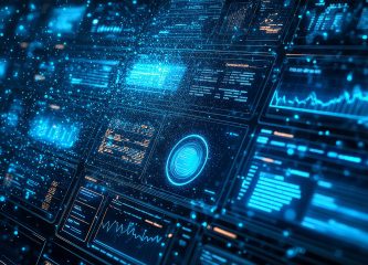 Futuristic AI-generated interface with digital dashboards, data analytics charts, and glowing blue network visuals representing ChatGPT’s role in data governance and compliance automation.
