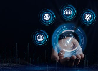 Standard Quality Control Concept Hand presenting digital compliance icons including security, analytics, and global access—symbolizing architecture-driven governance in enterprise systems.