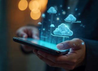Transform faster with AWS cloud services – man holding phone with cloud illustration.