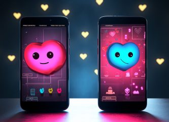 Two smartphones side by side displaying animated heart emojis on screen, symbolizing connection and messaging in a dating app, with glowing hearts in the background.