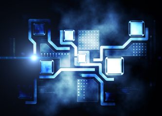Webpuppies Technology Interface Abstract digital system architecture with interconnected modules and data blocks on a dark blue background, representing scalable infrastructure design.